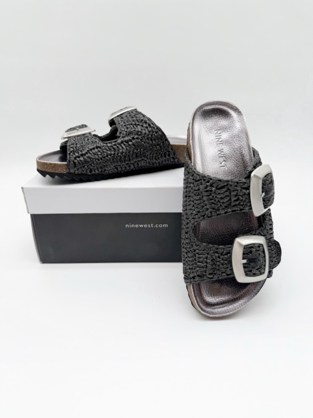 Nine West Tenly Slide Sandals Raffia Woven Double Buckle Comfort Black 5 NEW